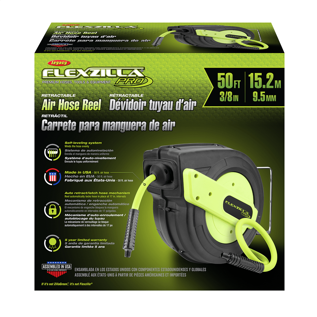 Flexzilla L8251FZP Retractable Air Hose Reel 50 Ft Self Leveling Made in USA