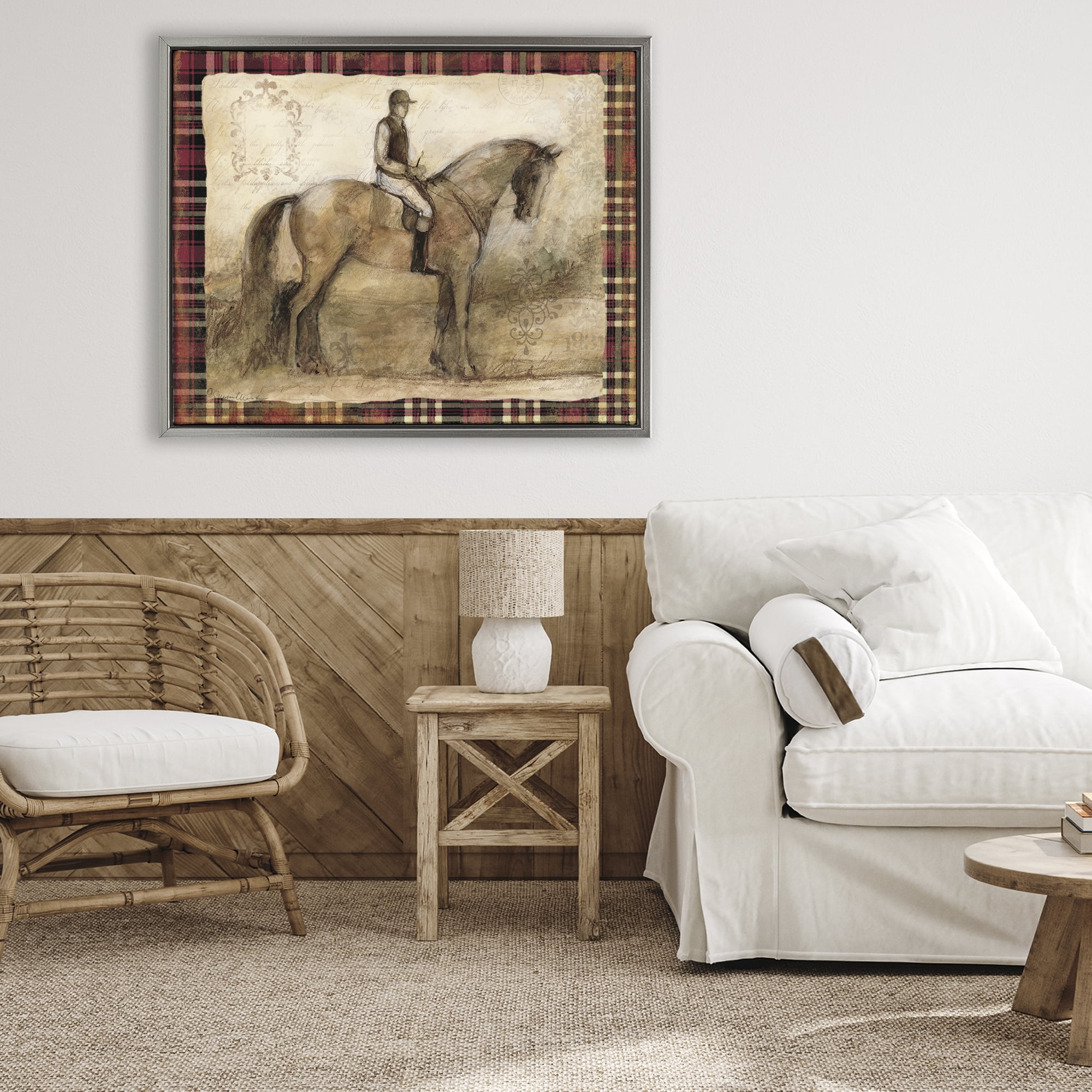 Stupell Industries Horse With Jockey & Plaid Gray Framed Floater Canvas Wall Art, design by Susan Winget