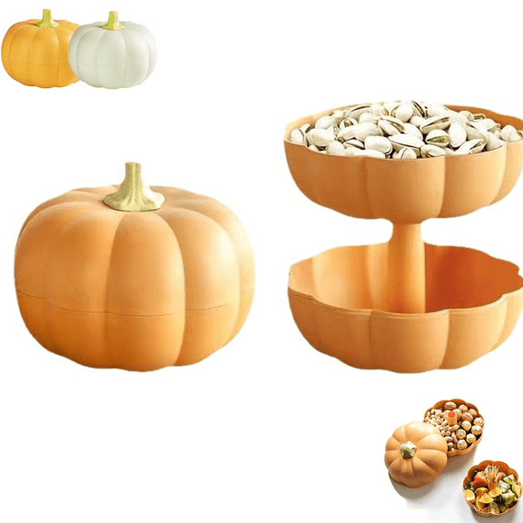 Pumpkin-Shaped Snack Tray, Pumpkin Serving Bowl Halloween Plastic Pumpkins Candy Food Containers, 2 Tier Pumpkins Snack Bowl With Divided Trays  A