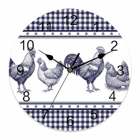 Wall Clock Farm Rooster Clocks PVC Silent Non-Ticking Battery Operated Decorative Farmhouse Animal Blue Plaid Round Clock for Home Living Room Kitchen Bedroom Office School Wall Decor 10 Inch