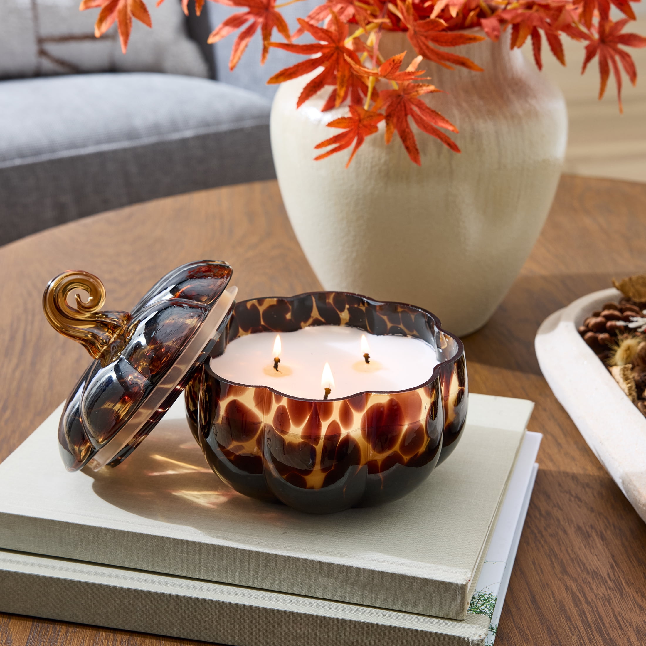 Better Homes & Gardens 2-Wick 18 oz Dark Brown Tortoiseshell Glass Pumpkin Jar Candle, Farm Apple Pumpkin