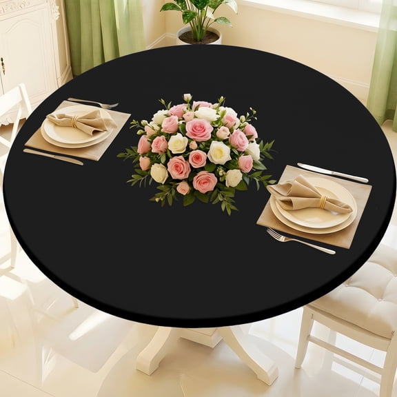 decorUhome Round Stretch Spandex Tablecloth, Washable Reusable Table Cover for 45"-56" Tables, Waterproof Fitted Table Cloth for Party, Picnic, Black