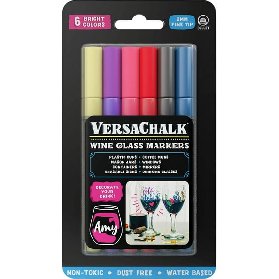 VersaChalk Glass Markers, 6-Pack, 3mm Fine Tip, Wet-Erase, Non-Toxic