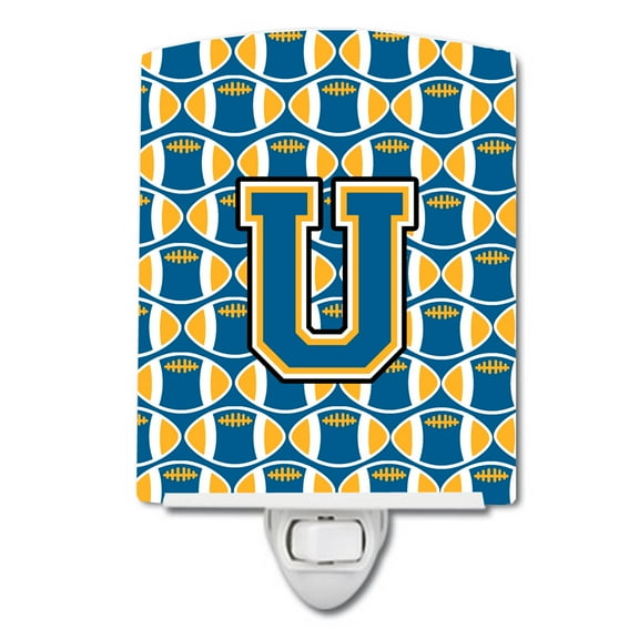 Caroline's Treasures CJ1077-UCNL Letter U Football Blue and Gold Ceramic Night Light, 6x4x3", multicolor