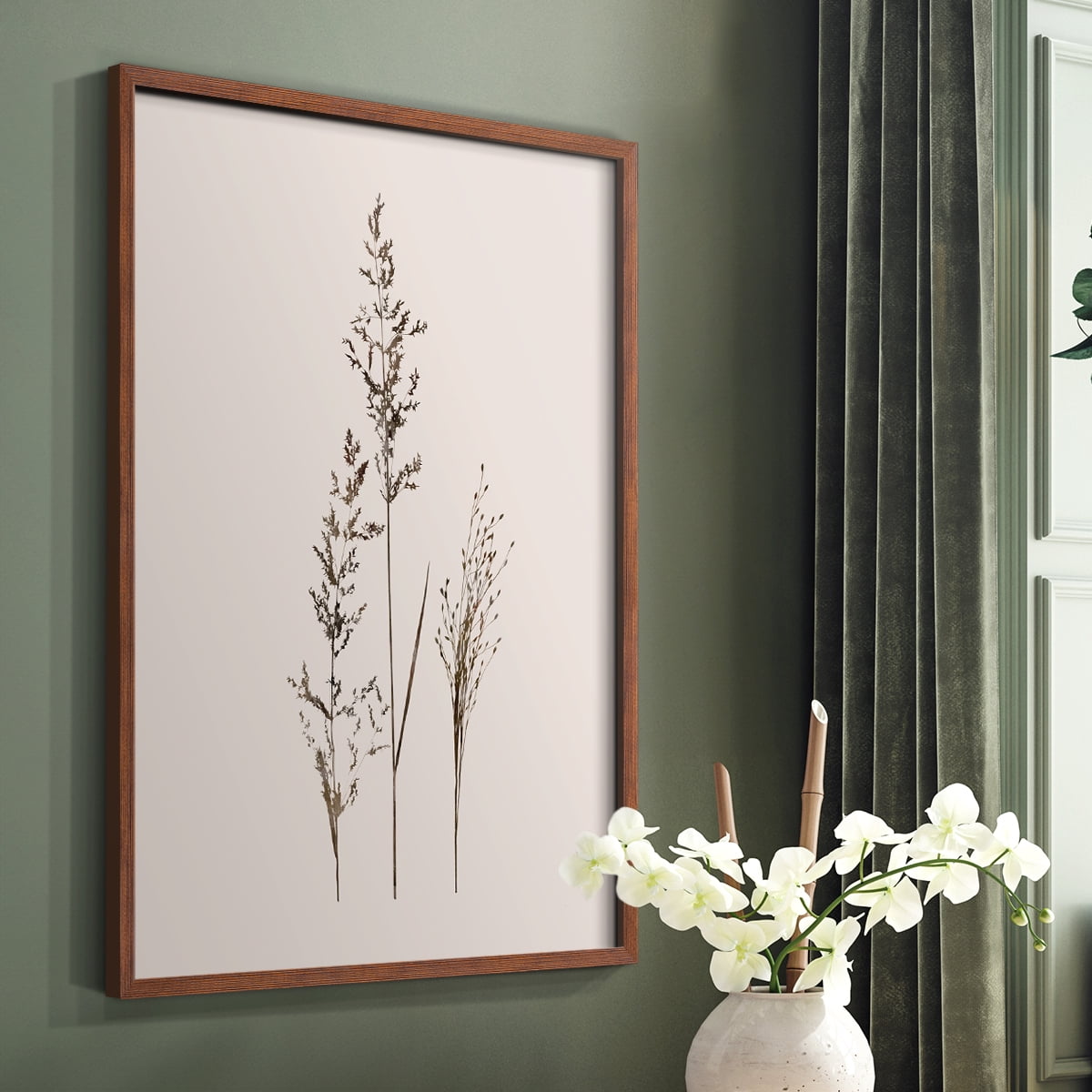 Delicate Stems I Framed Print in Brown Solid Wood Framed Print No Nail Hanging