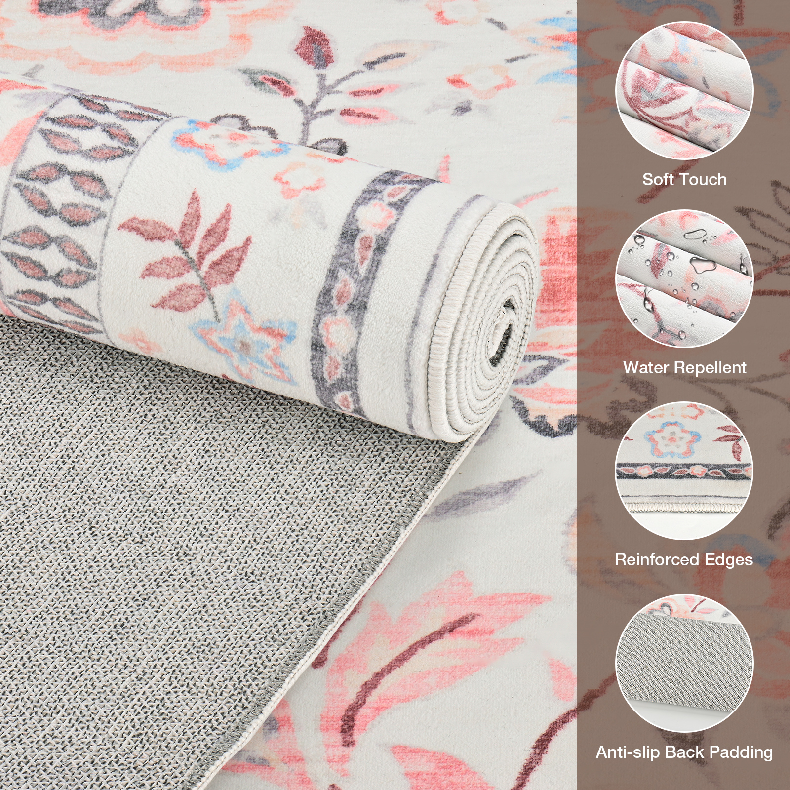 Washable Area Rug for Living Room, NovDeco 8'x10' Boho Khaki Floral Print Indoor Rug, Soft Low Pile & Stain Resistant Carpet for Bedroom Dining Room