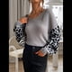 thumbnail image 4 of Suéter Holgado de Punto con Estampado de Leopardo, Larga, Cuello en V y Bloques de Color, Estilo Gótico Clásico e Informal para Mujer. Gris L, 4 of 6
