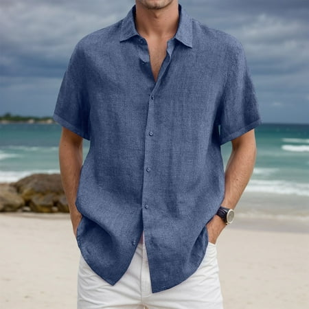 Gyexs Mens Button Down Shirt Short Sleeve Navy with Pocket Linen Shirts Lightweight Classic Fit Tees Shirt Formal Men Apparel Size XXXXXL
