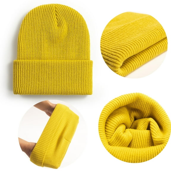 Qcmgmg Classic Knit Cuff Beanie Hat Unisex Skull Cap Soft Comfortable Warm Winter Hat for Men and Women Yellow
