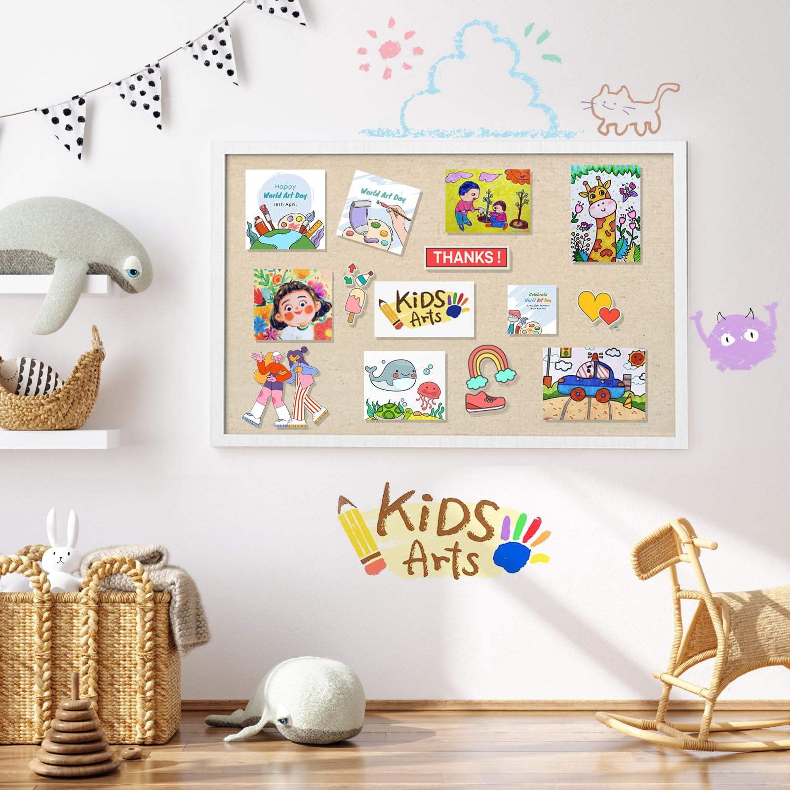 Sfugno Large Bulletin Board 30x20 inch with Linen Wood Boards Wall Decor Hanging Pin Wood Framed Display Bulletin Cork Photo Picture Board Light for Room School Office,White