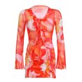 thumbnail image 5 of Coduop Women Sheer Mesh Long Sleeve Mini Dress V Neck Ruffle Trim Tie Front Floral Short Dresses, 5 of 8