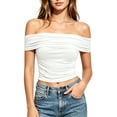 thumbnail image 2 of Favoffer Womens Off Shoulder Tees Irregular Hem Short Sleeve Slim Fitted Casual Tops Fashion Blouses For Street Dating Party Vacation Daily, 2 of 6