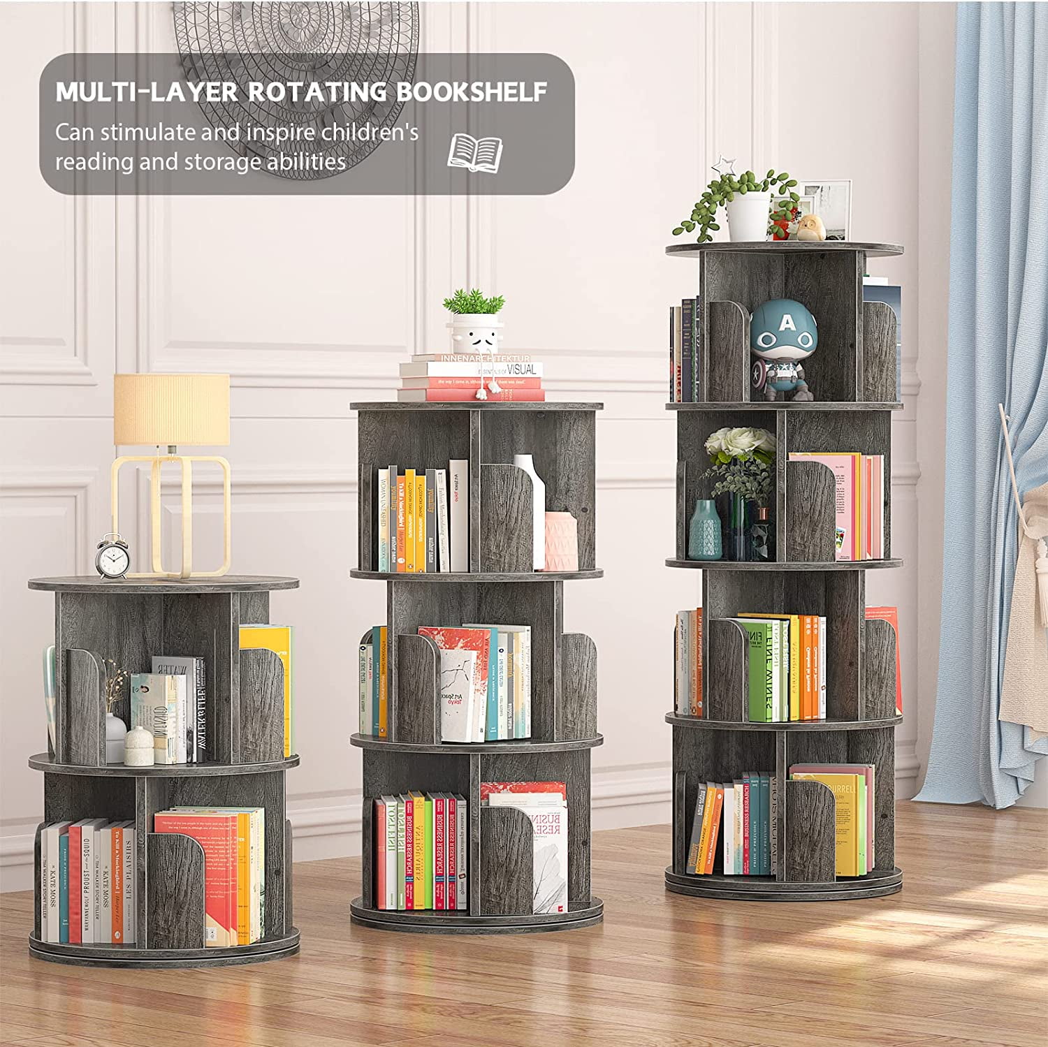 Homieasy Rotating Bookshelf, 360 Display Corner Bookshelf for Small Space, 4 Tier Floor Standing Bookcase Storage Rack, Wood Narrow Book Shelf Organizer for Bedroom, Living Room, Study Room, Grey Oak