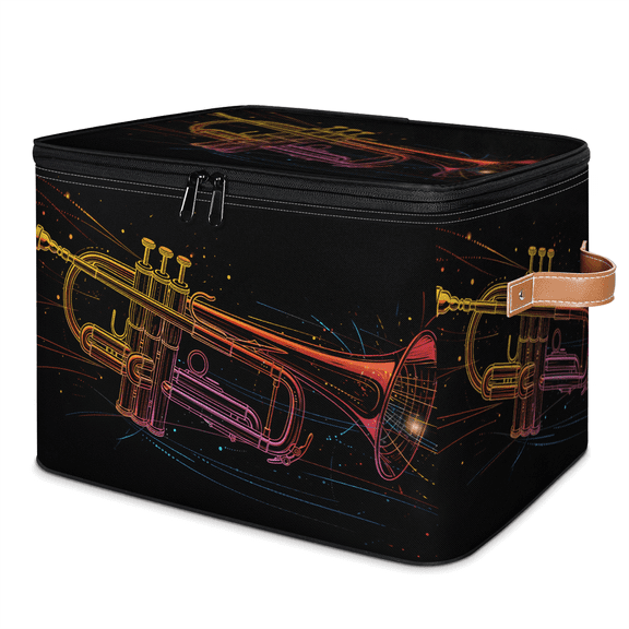 CURLYOOT Trumpet Music Fabric Storage Bins with Lids, Foldable Storage Boxes Washable Storage Cube, Closet Bedroom Home Organizer Containers with PU Leather Handles
