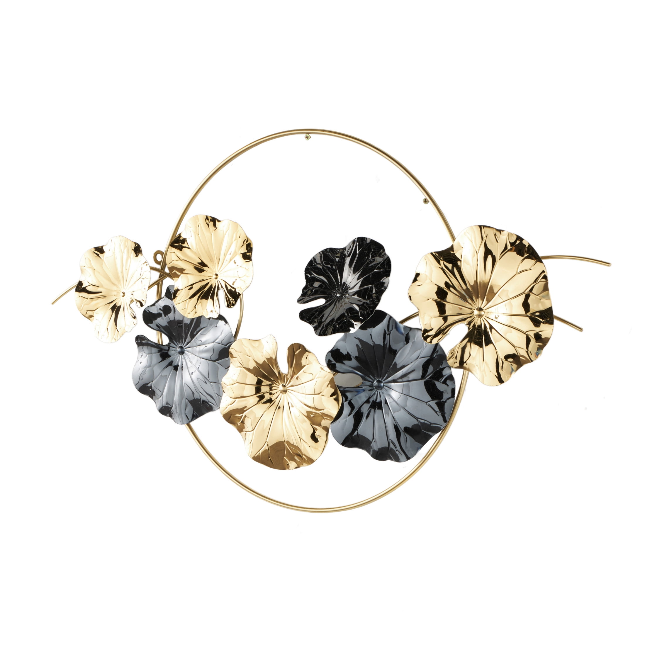 DecMode Gold Stainless Steel Metal Floral Wall Decor with Circular Frame and Black Accents