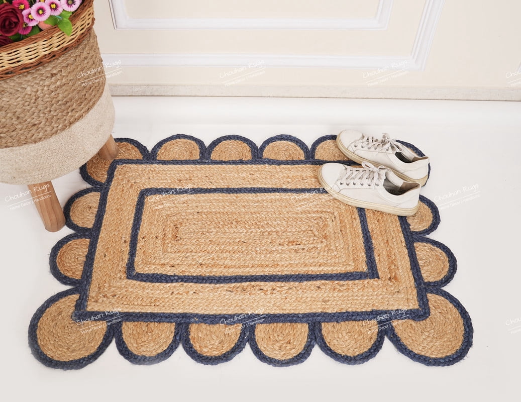 Rectangle Rug Natural Jute Rug Hand Braided Beige and Navy Blue Color Area Rug