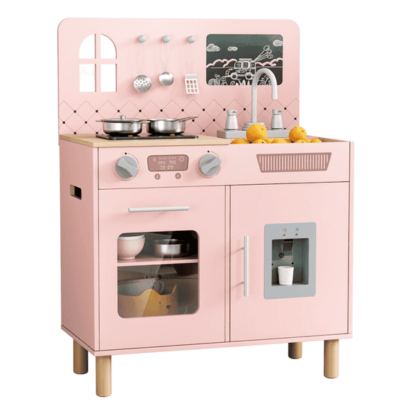 TLSUNNY Kids Wooden Play Kitchen with Real Lights & Sounds, Pretend Kitchen Playset with Sink, 6 Cookware & Chalkboard, Gift for Toddlers