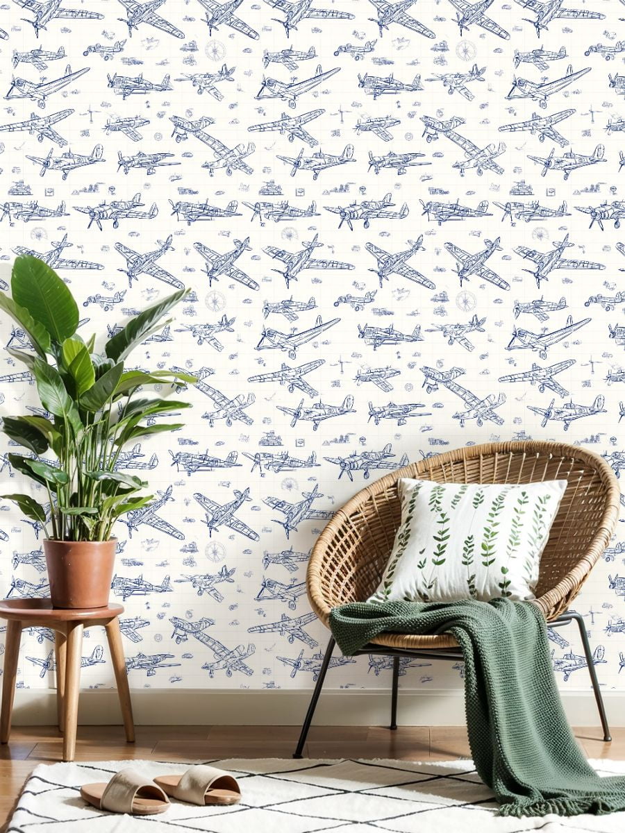 Peel and Stick Wallpaper Vintage Blueprint Airplanes Technical Wall Mural 23.6in x 9.8ft Self Adhesive Removable Wall Paper Renter Friendly Wallpaper for Nursery Bedroom Cabinets