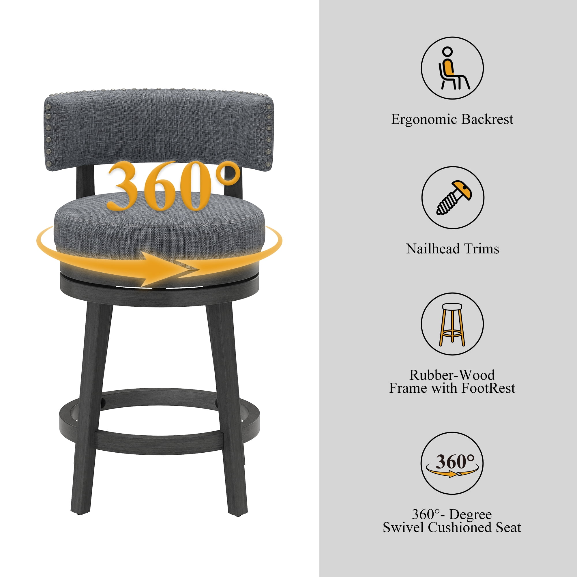 COLAMY Swivel Bar Stools Set of 3, 25 Inch Counter Height Stools, Modern Upholstered Wood Bar Chairs with Back for Kitchen Island Dining Room Bar, Fits 34-40" Height, Gray