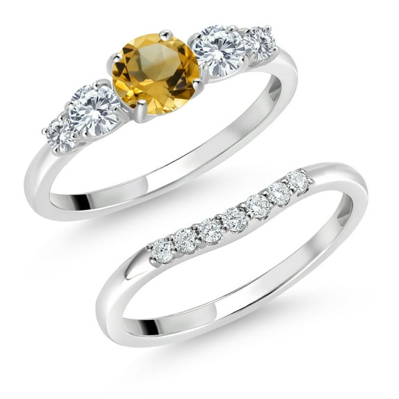 Gem Stone King 10K White Gold Yellow Citrine White Moissanite and White Lab Grown Diamond 5 Stone Bridal Engagement Wedding Ring Set for Women (1.03 Cttw, Round, Size 8)
