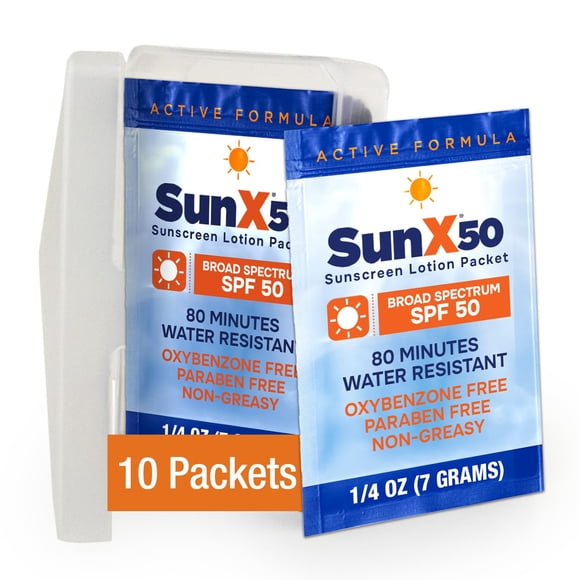 Paquetes individuales de protector solar CoreTex Sun X 50 SPF Tamaño de viaje (10 unidades con estuche de transporte) - Libre de parabenos Octinoxato de oxibenzona - Protector solar de amplio espectro