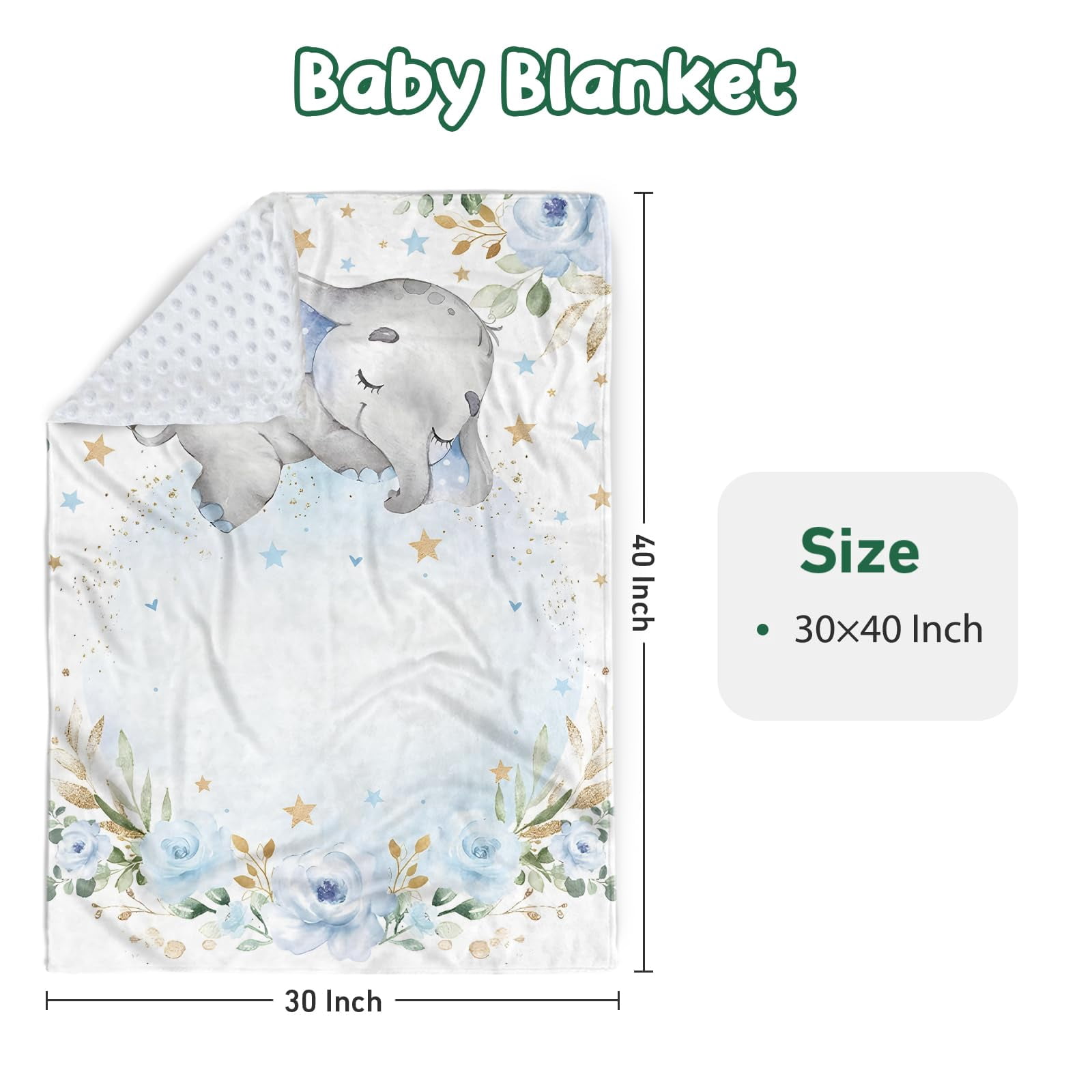 Gresahom Baby Crib Bedding Set - Blue Elephant Nursery Bed 3 Pcs Set - Chic Soft Blanket with Double Layer Dotted Backing, Fitted Sheet, Room Rug for Newborns Boys Girls Shower Gift(60"x80")