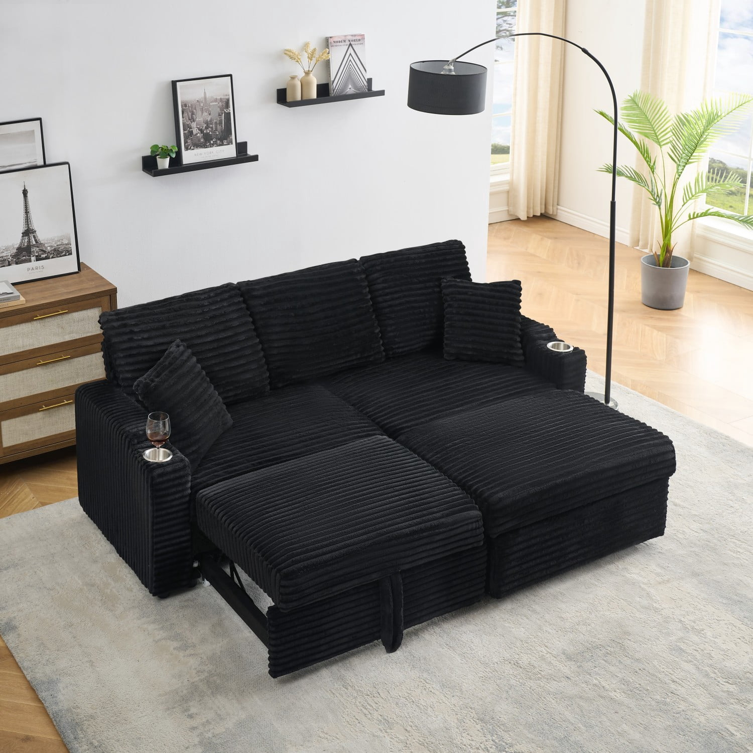 Leumius Modern Sleeper Sofa with Pull-Out Bed,Corduroy Multi-Function Sofa with Hidden Reclining,Cup Holders and Removable Footstool for Living Room,Black