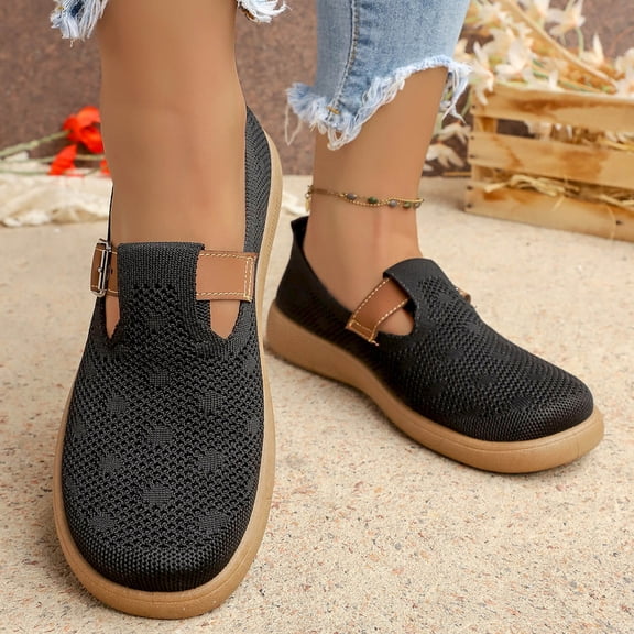 Samdudou Slip On Shoes for Women Closed Toe Breathable Woven Knit Flats Adjustable Instep Strap Round Toe Casual Outdoor Walking Footwear for Everyday Errands