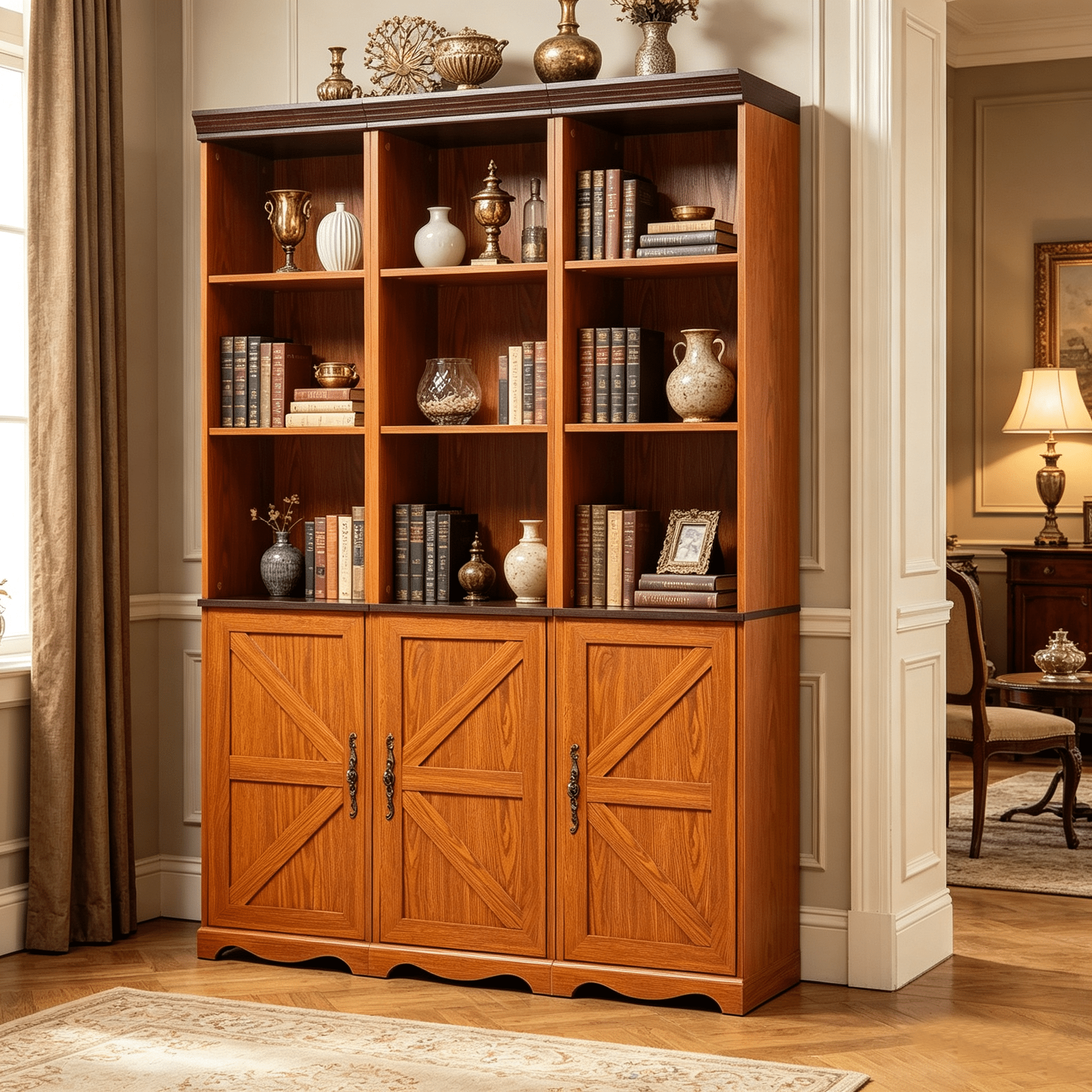 71" 3 Pcs Combined Storage Bookshelf Cabinet, 3 Tier Bookcase with Adjustable Shelf and Closed Cabinets