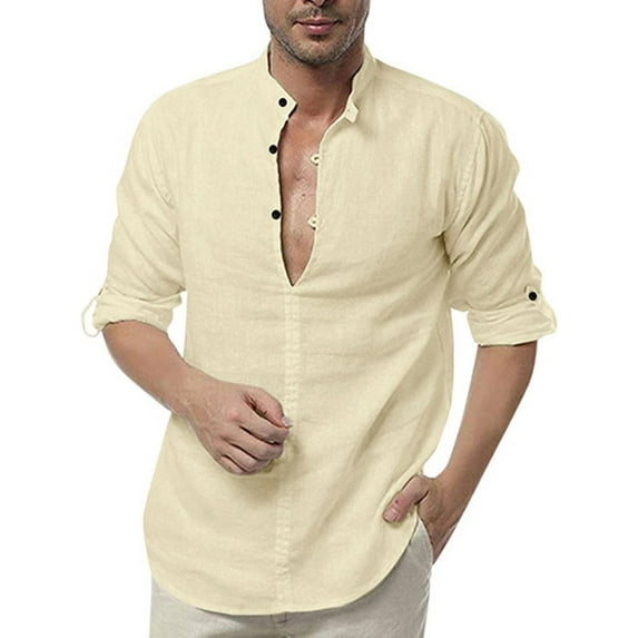 Frontwalk Men Casual Button Down Tops Henley Collar Fashion Blouse V Neck Beach T Shirts Yellow L