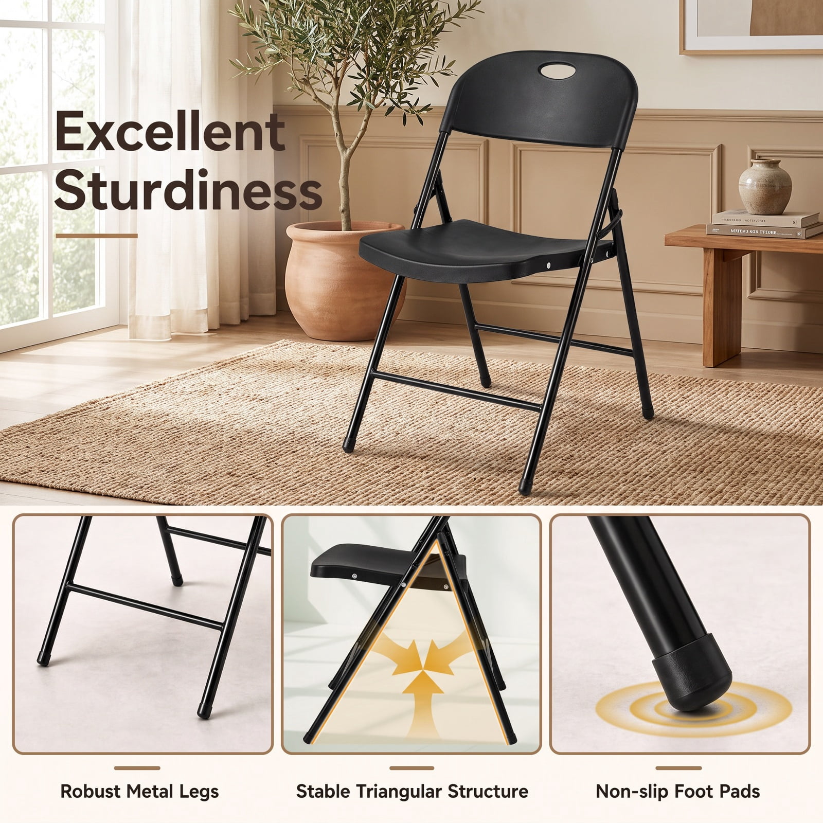 Furnibear Set of 4 Foldable Plastic Chairs with Ergonomic Backrest for Kitchen Dining Room Living Room Home, Black