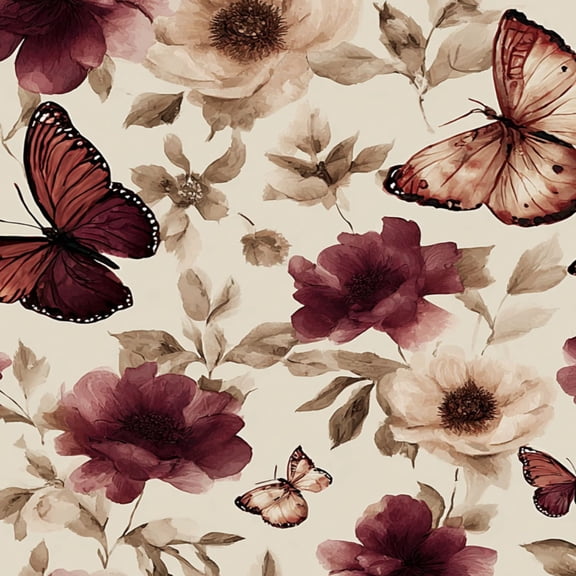 Peel and Stick Wallpaper Burgundy Beige Floral Butterflies Vintage Watercolor Wall Mural 17.7in x 9.8ft Self Adhesive Removable Wall Paper Renter Friendly Wallpaper for Nursery Bedroom Cabinets
