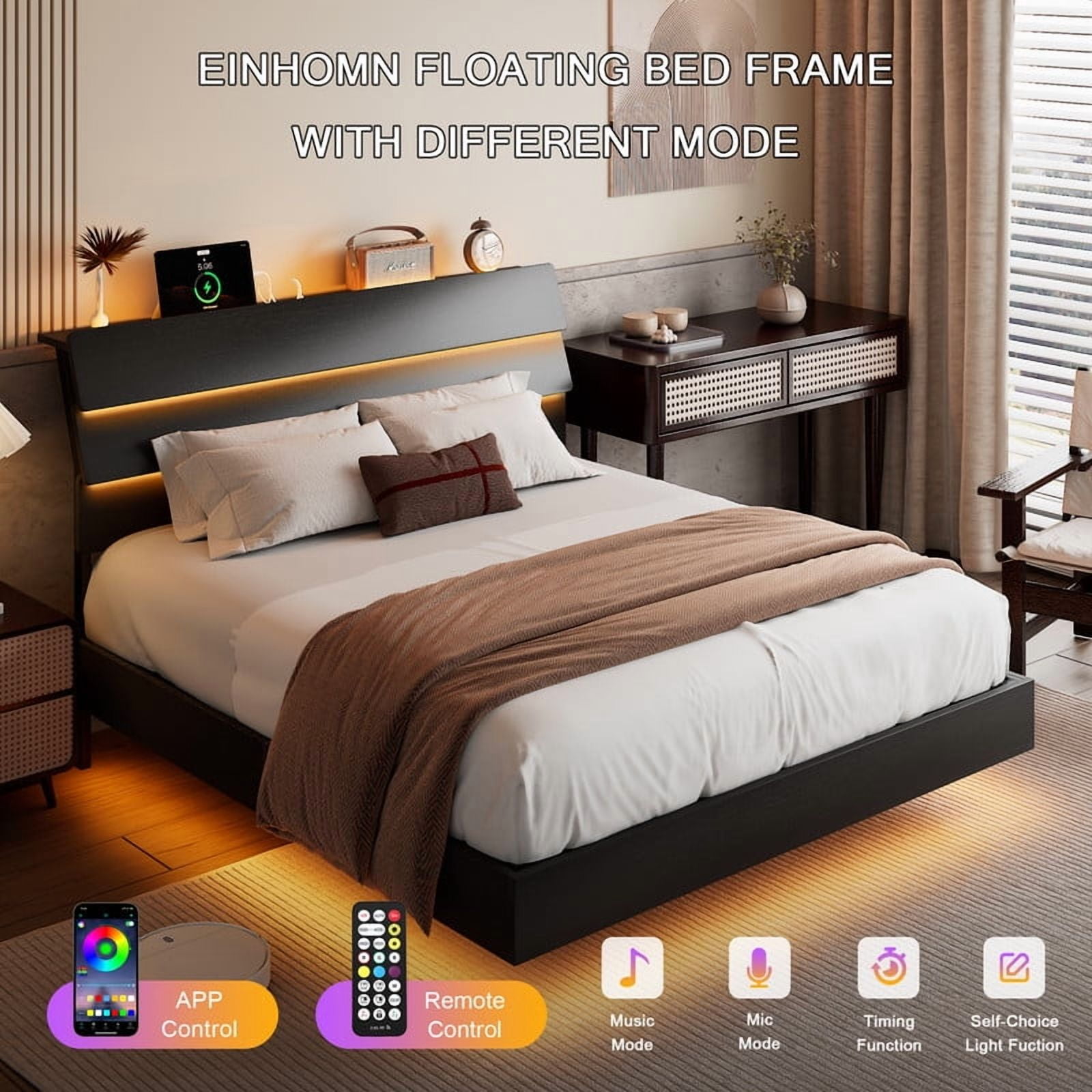 Einhomn Floating Bed Frame Queen Size with Storage Headboard, LED Lights and Charging Station, No Box Spring Needed