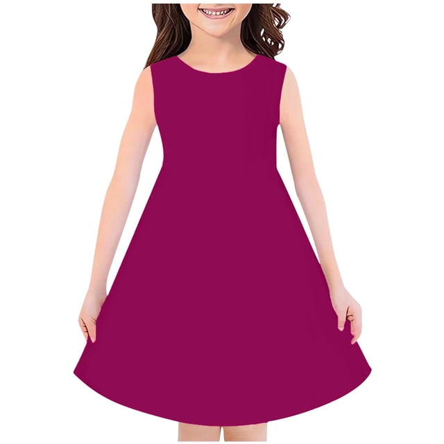Plebaso Robes Filles Été Col Rond Sans Manches Robe de Couleur Unie Vêtements Mode Enfants