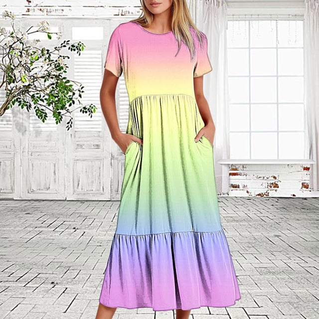 Mefallenssiah Femmes Été Décontracté Manches Courtes Col Rond Robe Casual Flowy Tiered Maxi Robe de Plage avec Poches Robe Imprimée Dégradé
