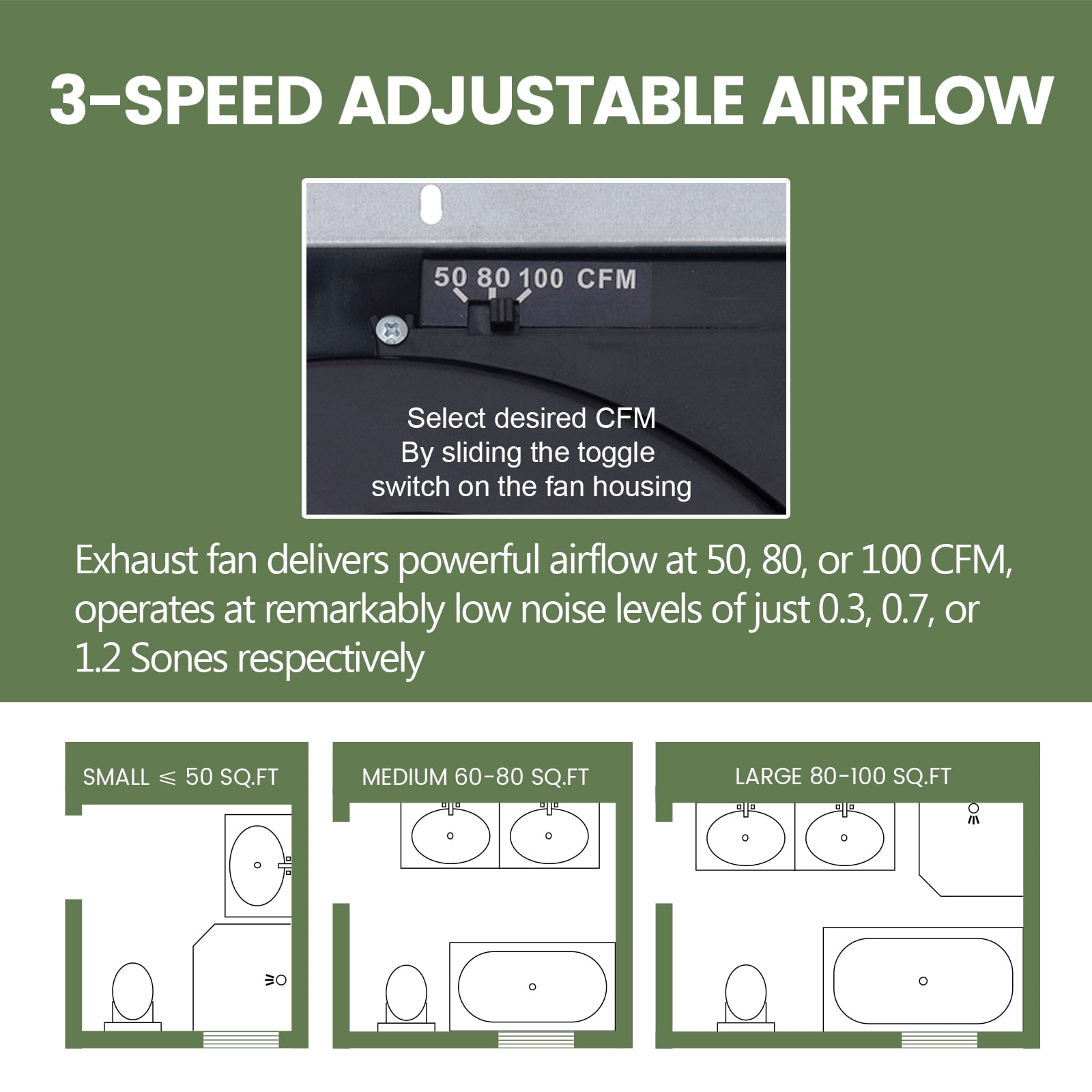 Akicon Bathroom Exhaust Fan with Light, 50-80-100 CFM, 1.2 Sones, 3CCT LED, Quiet, Energy Saving