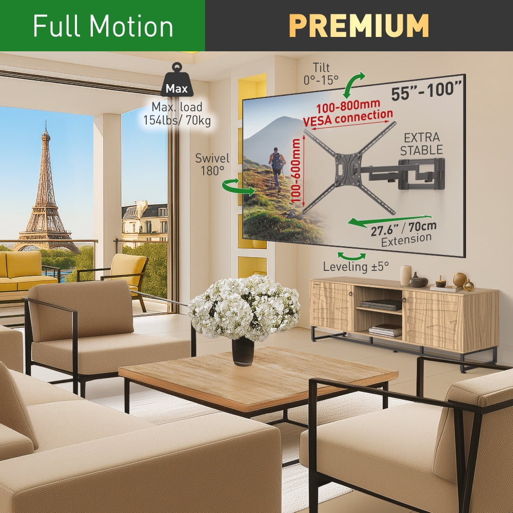 55" - 100" Giant TV Full Motion Wall Mount - Extension, Swivel & Tilt