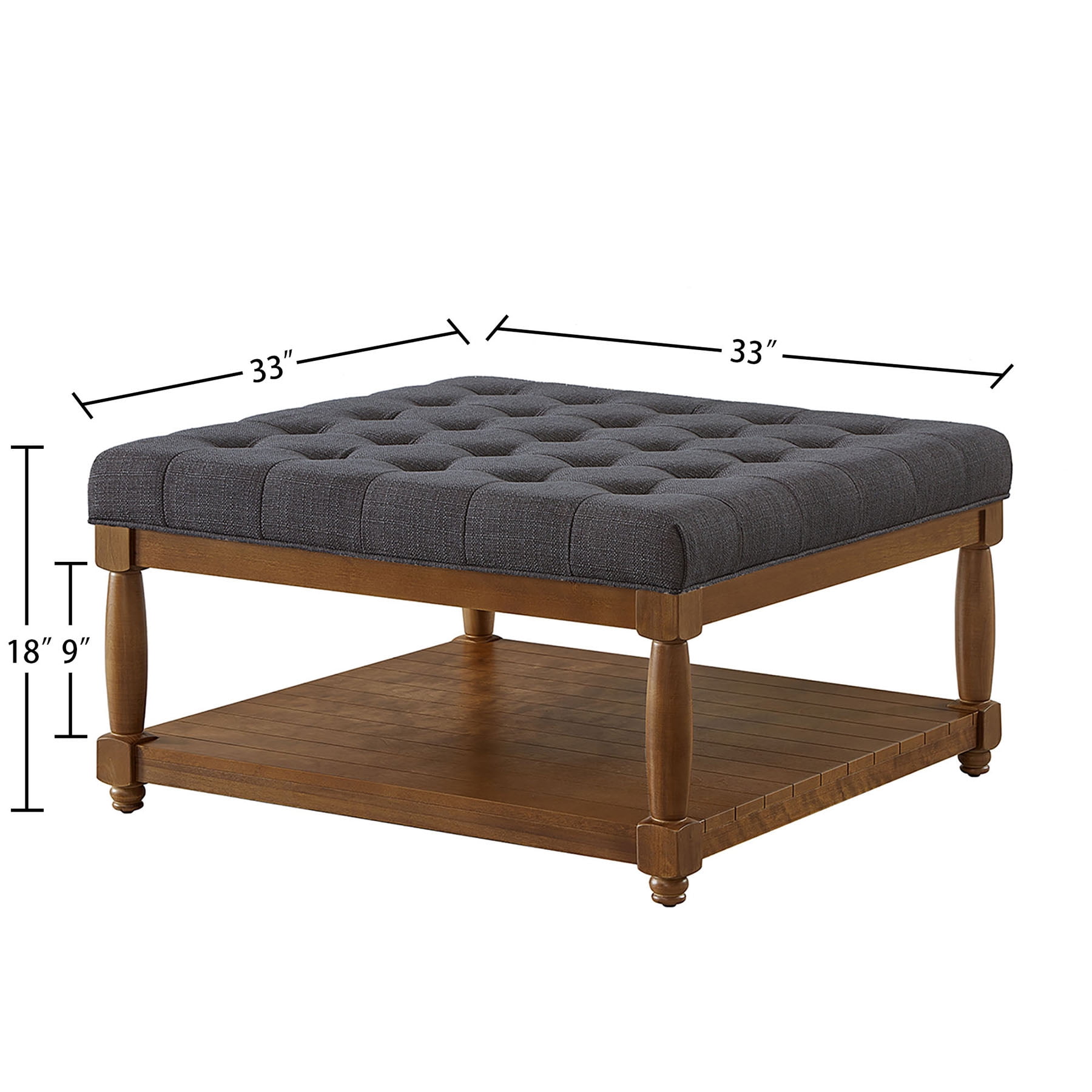 S-HOME Large Square Upholstered Tufted Linen Ottoman, Spacious Coffee Table with Solid Wood Shelf，Charcoal