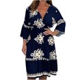 thumbnail image 2 of SCSAlgin Plus Size Women's 3/4 Sleeve Deep V-Neck Dress Fashion Printed Pleated Midi Dresses Waist Swing Dress, 2 of 4