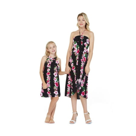 

Matching Hawaiian Luau Mother Daughter Halter Dress in Pink Hibiscus Vine