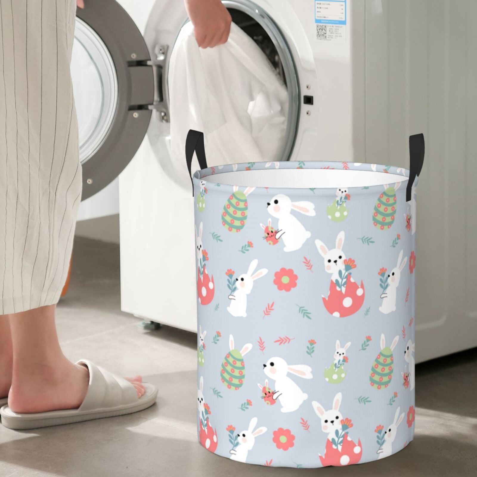 Gukieu Bunny cartoon with easter Print Round Dirty Clothes Bag, Waterproof Standing Home Bathroom Storage Basket Car Trunk Storage Bag-