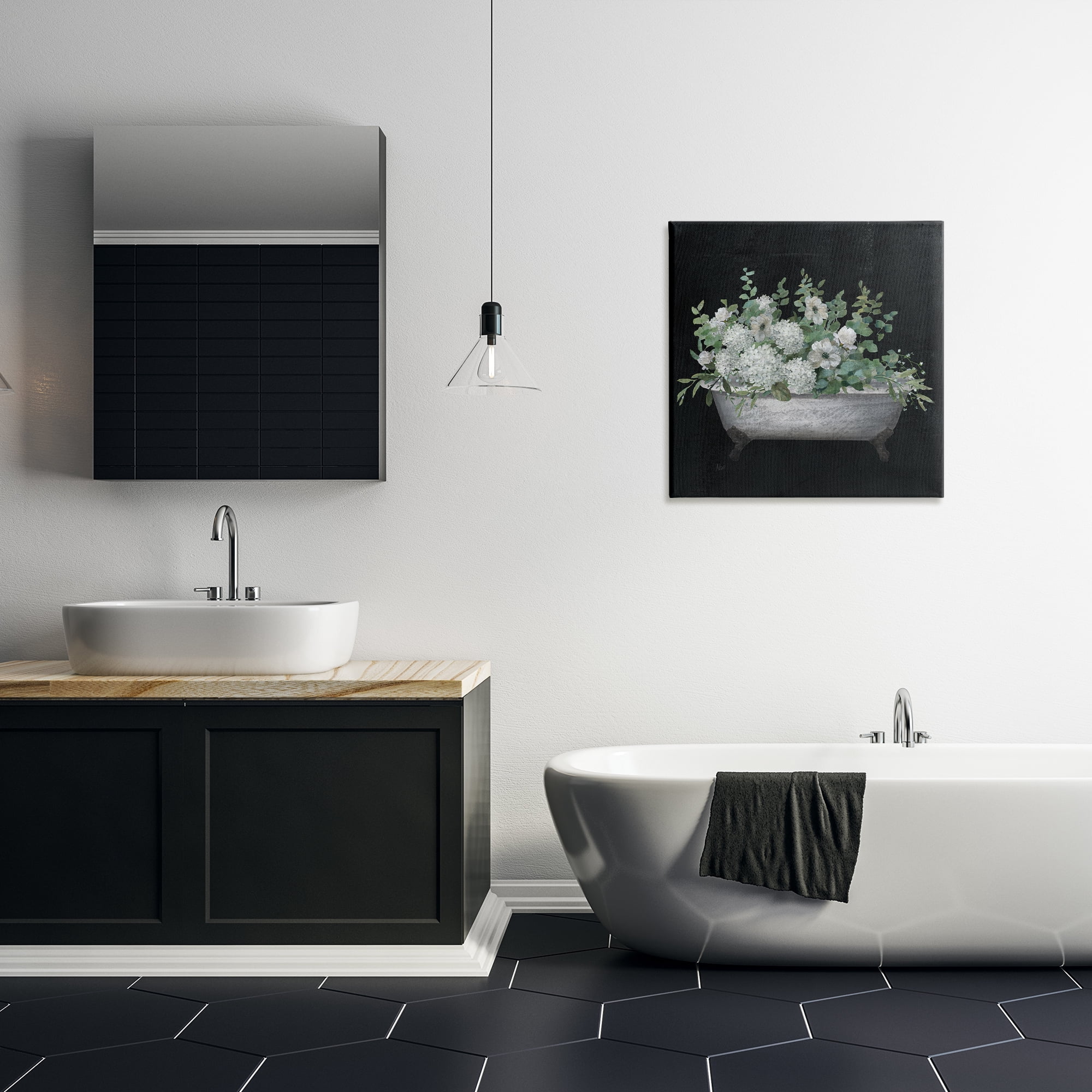 Stupell Industries Floral Bath on Black Typography Painting Gallery Wrapped Canvas Art Print Wall Art, 24 x 24