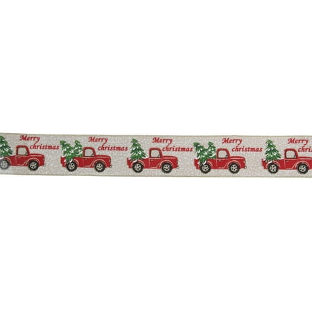 Red Vintage Trucks With a Christmas Tree Wired Craft Ribbon 2.5