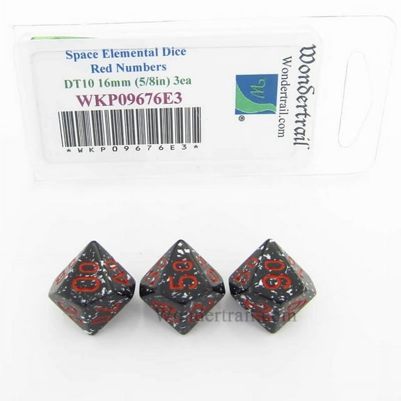 Space Elemental Dice with Red Numbers DT10 16mm (5/8in) Pack of 3 Wondertrail