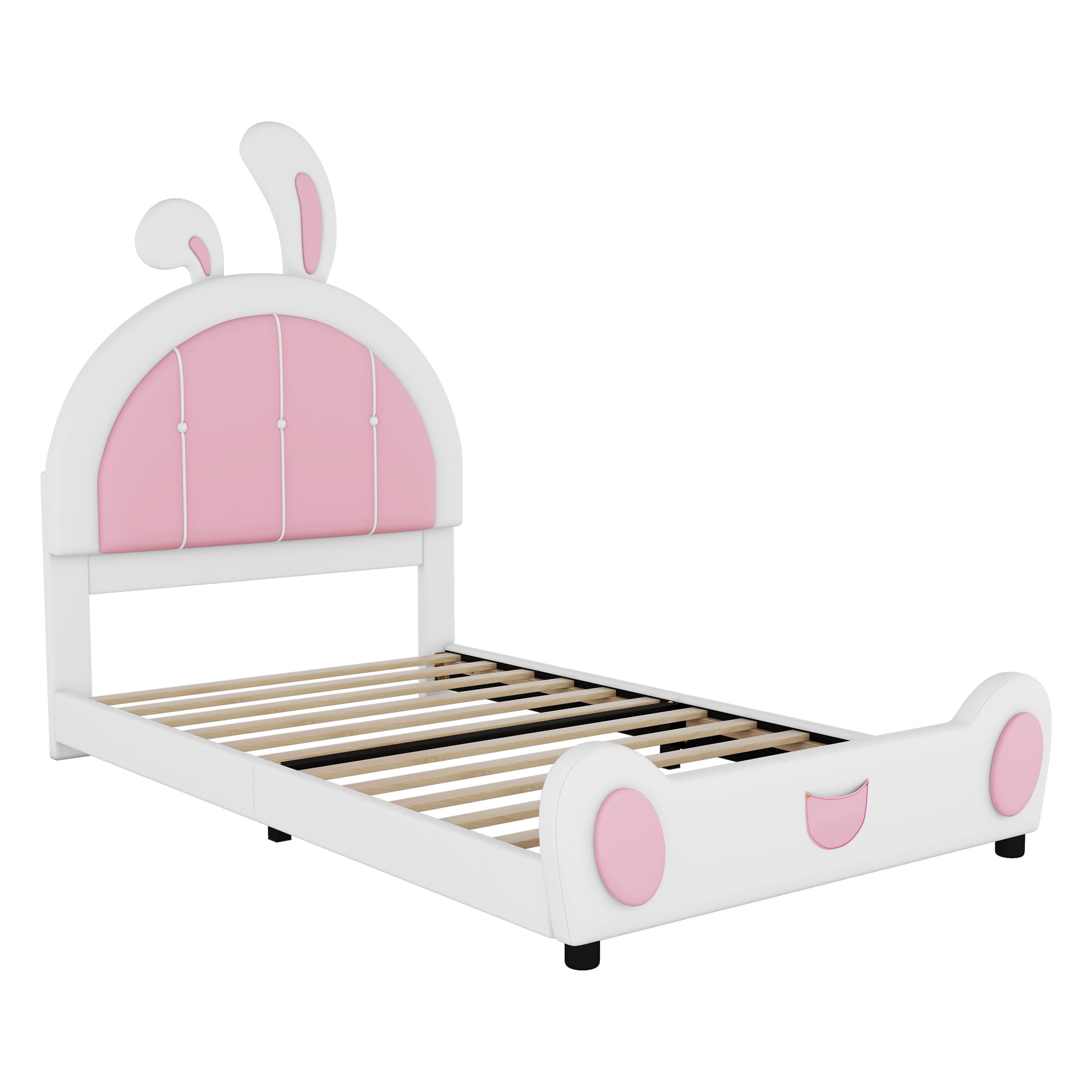 EUROCO Upholstered Twin Platform Bed, Cartoon Bunny Bed for Toddler Kids Teens, No Box Spring Needed, White