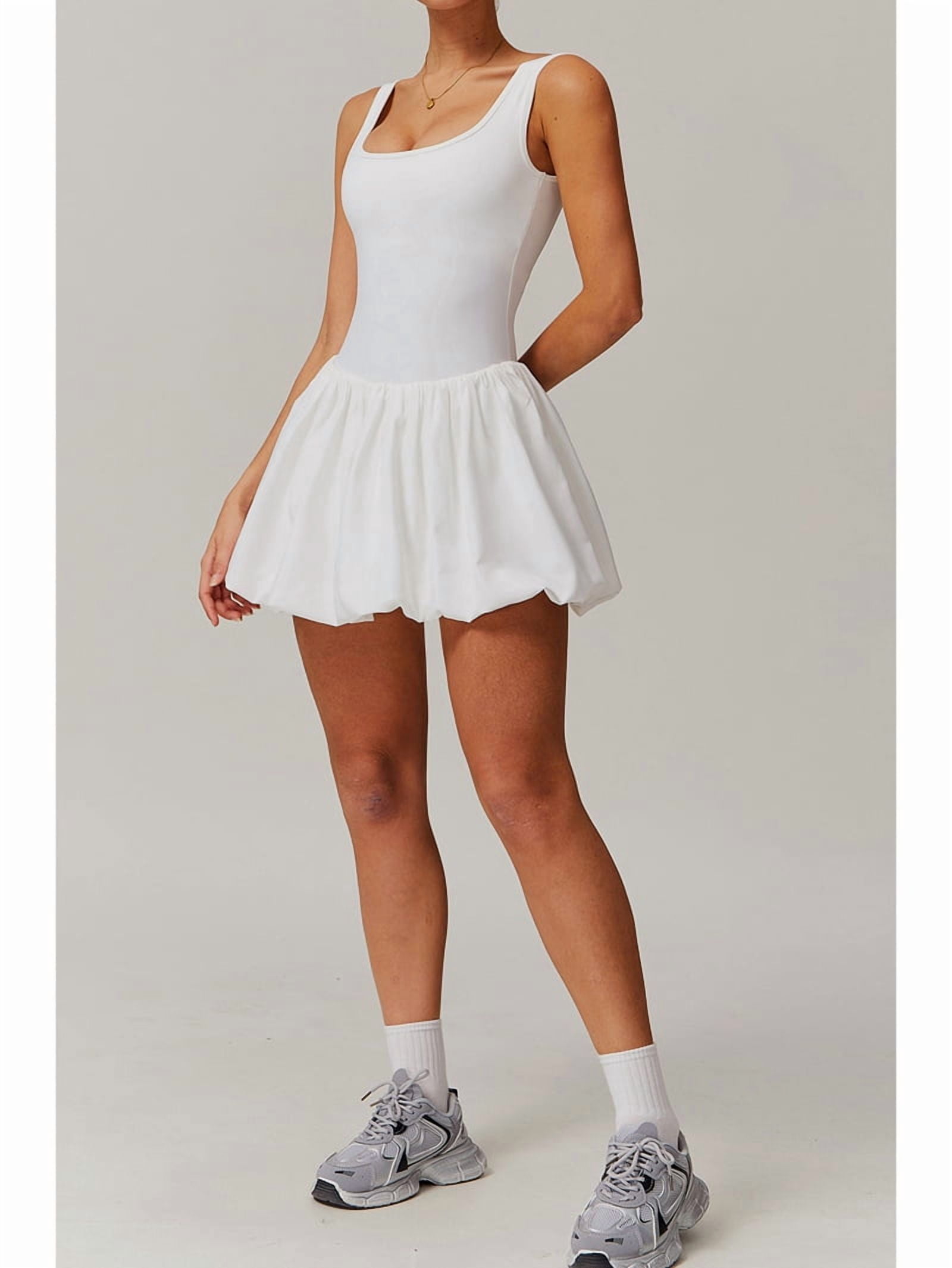 Womens Bubble Tennis Dress Squre Neck Sleeveless Workout Golf Athletic Dresses Build in Shorts with Pockets