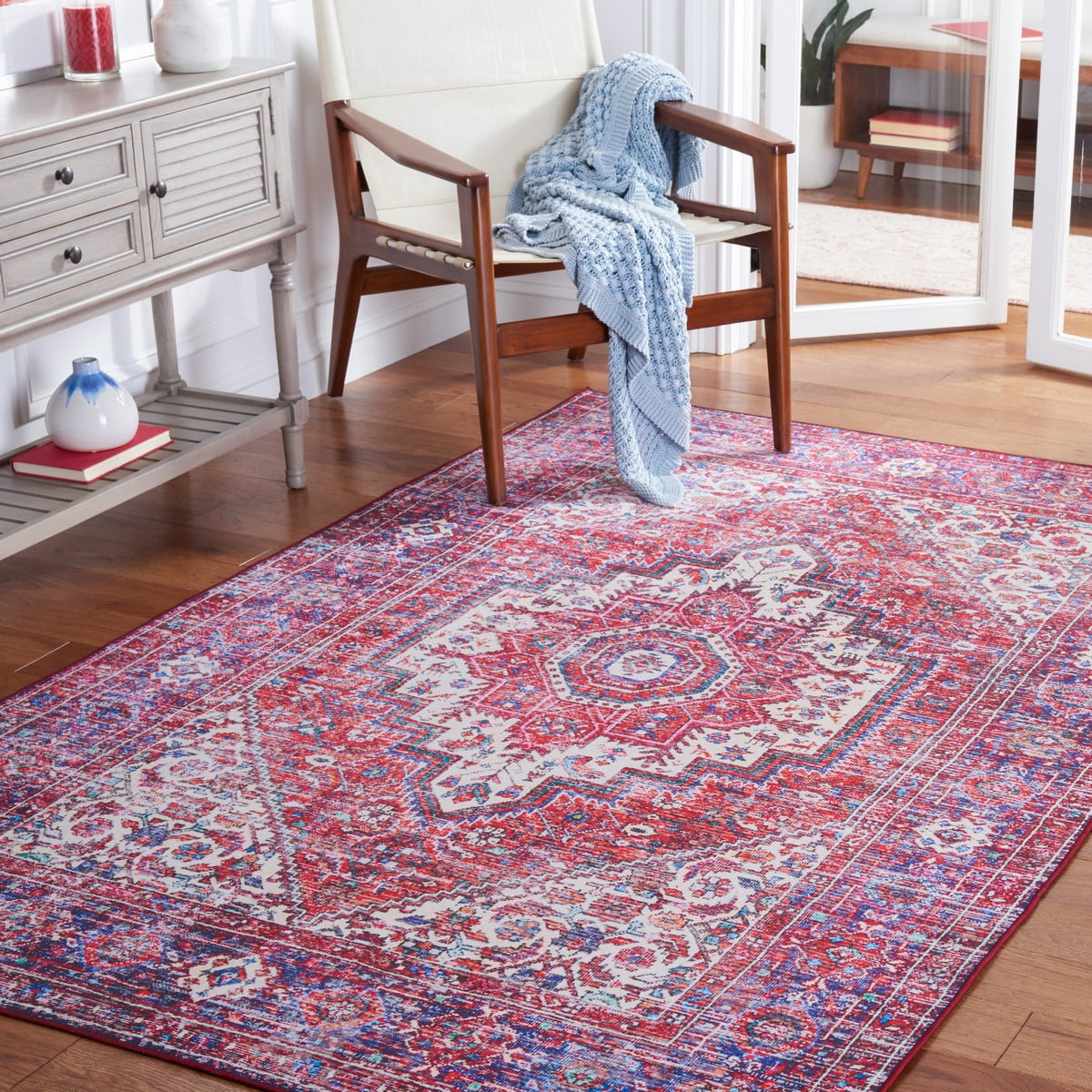 SAFAVIEH Tucson Melva Traditional Machine Washable Area Rug, 6' x 9', Red/Blue