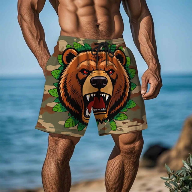 Pantalones cortos de playa para hombre con estampado divertido, cintura elástica, doble bolsillo y cinco puntos.