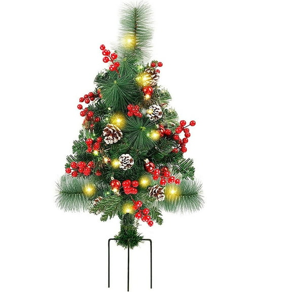 Coollooc Pre-Lit Christmas Trees with Stake, 1FT H 60 LED Lighted Small Xmas Urn Planter Filler with Red Berries Red Balls Pine Cones Lights for Pathway Yard Garden Outdoor Decorations