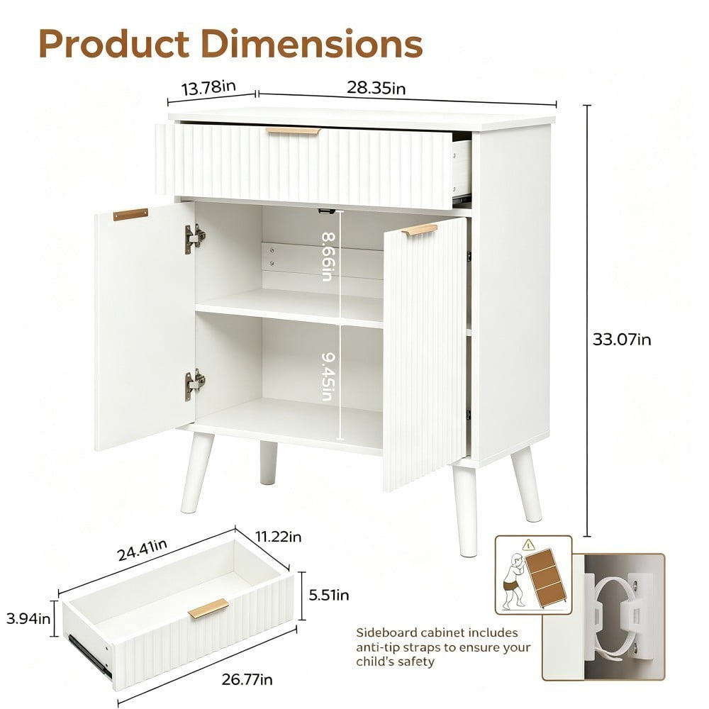 Kitchen Storage Cabinet, Buffet Cabinet with 2 Doors & Drawer, Adjustable Shelves, Wood Sideboard with Solid Wood Legs, White